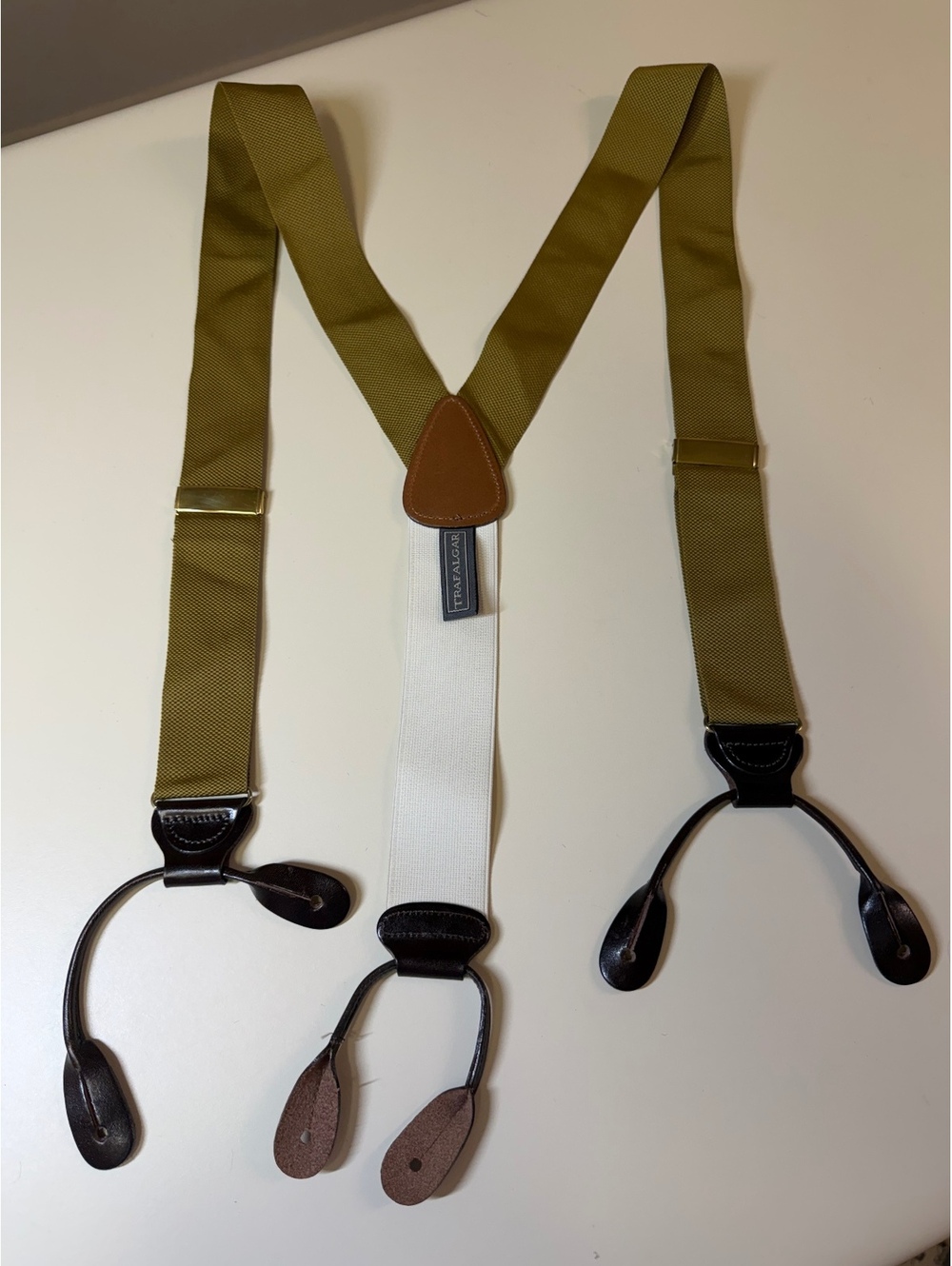 Trafalgar Olive Green and White Leather Button Suspenders